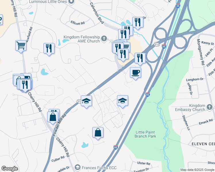 map of restaurants, bars, coffee shops, grocery stores, and more near 3720 Evans Trail Way in Beltsville