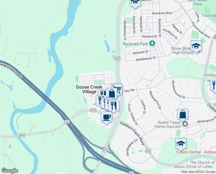 map of restaurants, bars, coffee shops, grocery stores, and more near Pilate Square in Ashburn