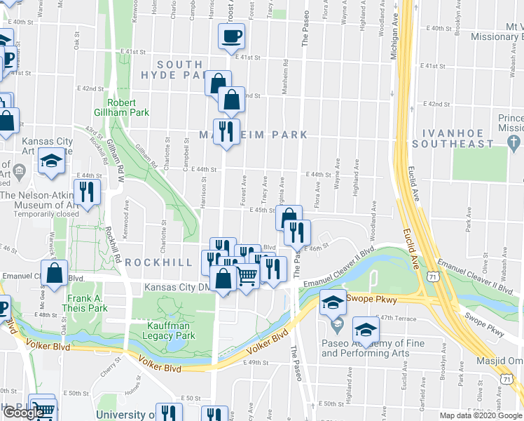 map of restaurants, bars, coffee shops, grocery stores, and more near Tracy Ave & E 45th St in Kansas City
