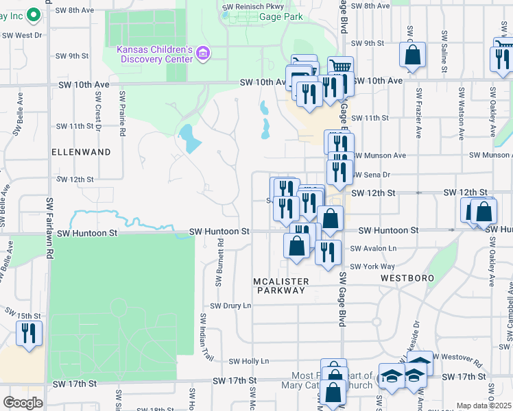 map of restaurants, bars, coffee shops, grocery stores, and more near 4311 Southwest 12th Street in Topeka
