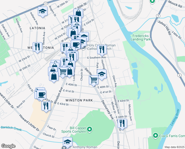 map of restaurants, bars, coffee shops, grocery stores, and more near 215 East 39th Street in Covington