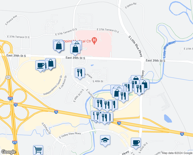 map of restaurants, bars, coffee shops, grocery stores, and more near 4011 South Jackson Drive in Independence