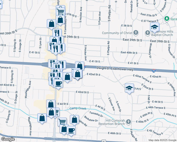 map of restaurants, bars, coffee shops, grocery stores, and more near 14426 East 42 Street South in Independence