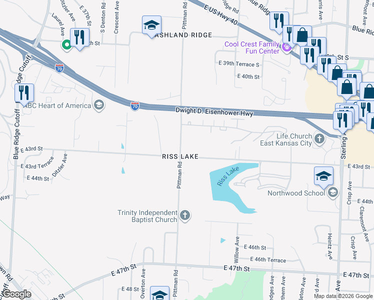 map of restaurants, bars, coffee shops, grocery stores, and more near 10002 East 43rd Street in Kansas City