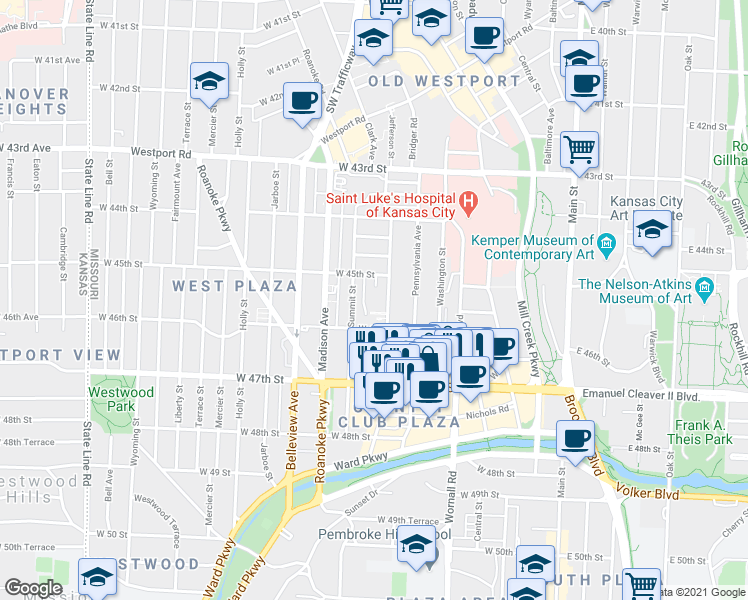 map of restaurants, bars, coffee shops, grocery stores, and more near 4527 Jefferson Street in Kansas City