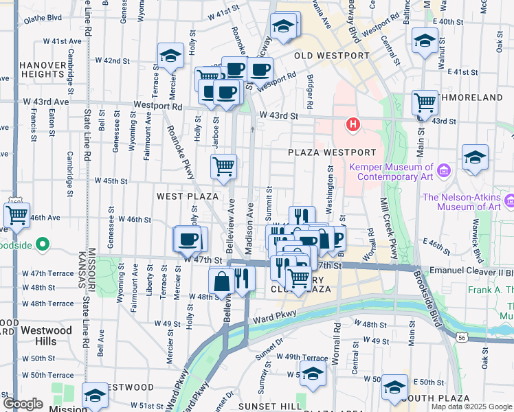 map of restaurants, bars, coffee shops, grocery stores, and more near in Kansas City