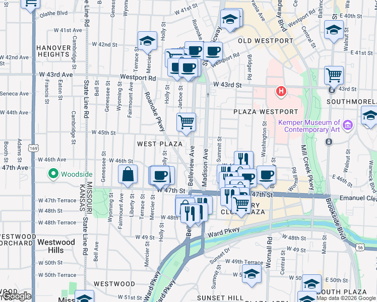 map of restaurants, bars, coffee shops, grocery stores, and more near 4550 Belleview Avenue in Kansas City