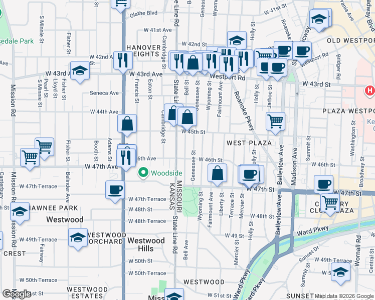 map of restaurants, bars, coffee shops, grocery stores, and more near 4541 Bell Street in Kansas City