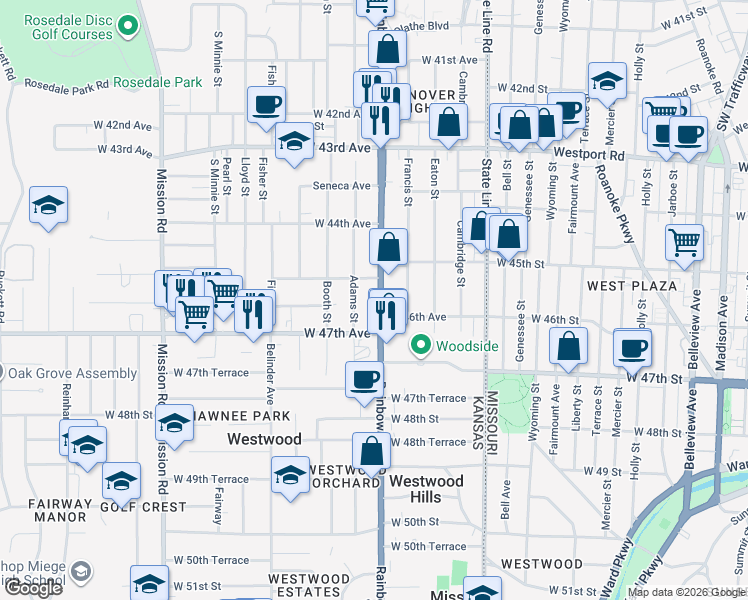 map of restaurants, bars, coffee shops, grocery stores, and more near 4527 Adams Street in Kansas City