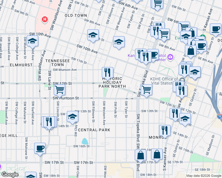 map of restaurants, bars, coffee shops, grocery stores, and more near 1215 Southwest Polk Street in Topeka