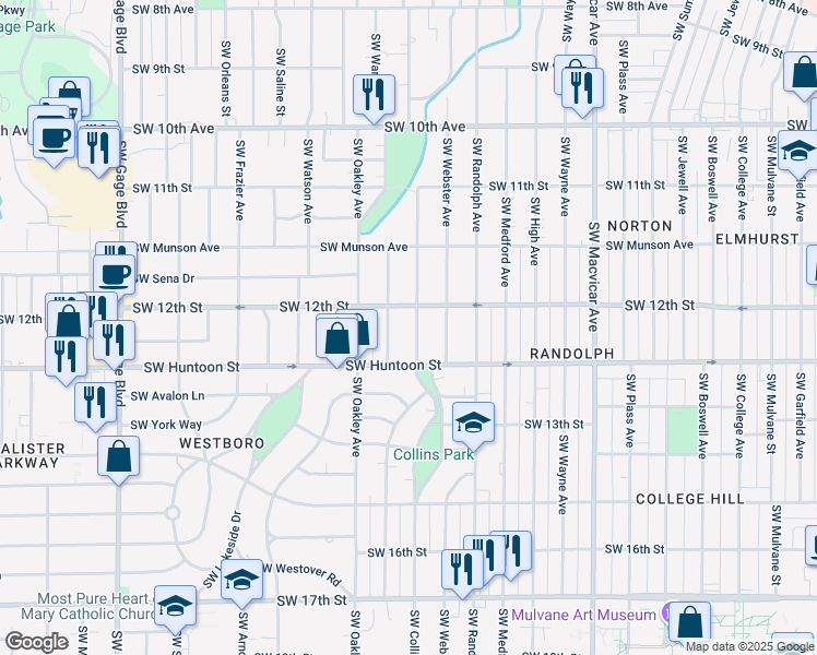 map of restaurants, bars, coffee shops, grocery stores, and more near 1221 Southwest Collins Avenue in Topeka