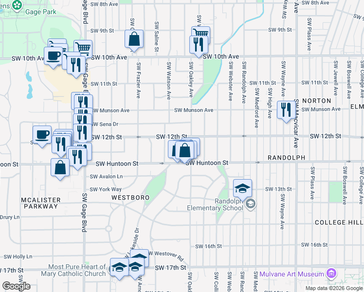 map of restaurants, bars, coffee shops, grocery stores, and more near 1212 Southwest Lakeside Drive in Topeka