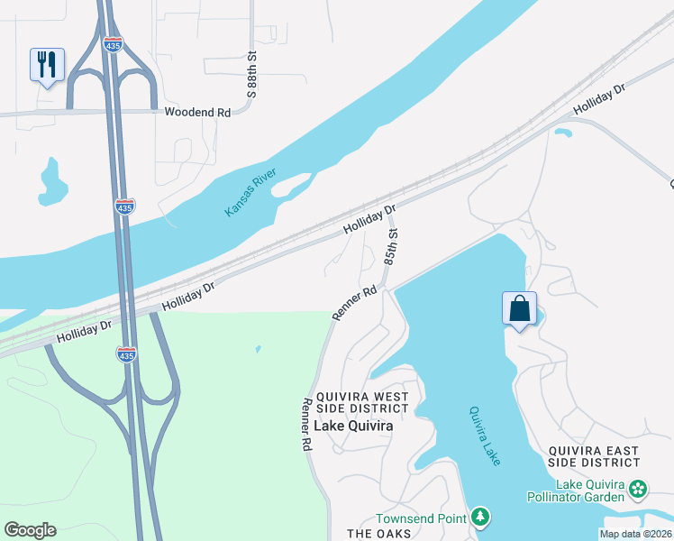 map of restaurants, bars, coffee shops, grocery stores, and more near 8540 Holliday Drive in Lake Quivira