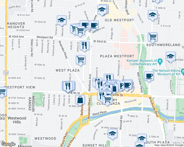 map of restaurants, bars, coffee shops, grocery stores, and more near 4523 Madison Avenue in Kansas City