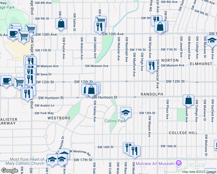 map of restaurants, bars, coffee shops, grocery stores, and more near 1221 Southwest Collins Avenue in Topeka