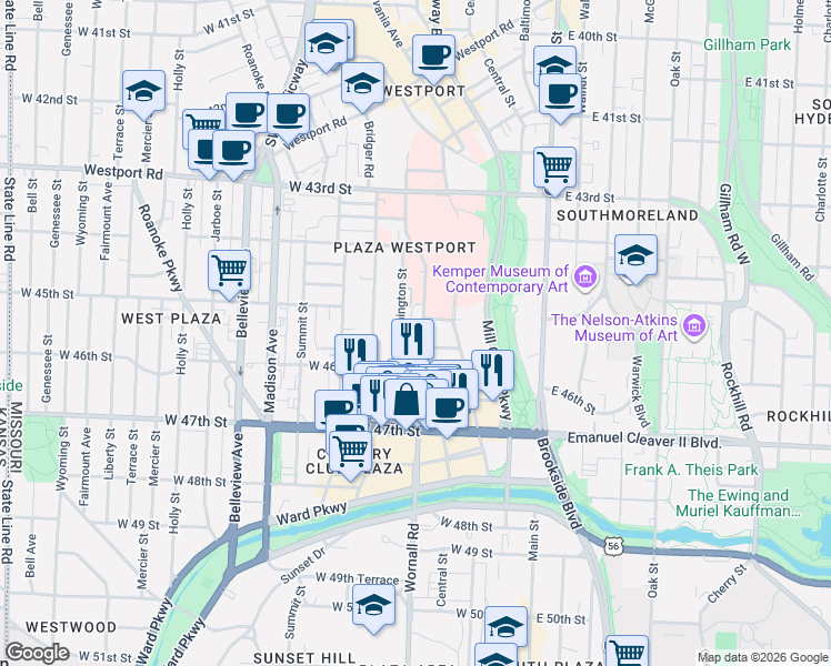 map of restaurants, bars, coffee shops, grocery stores, and more near 4512 Broadway Street in Kansas City
