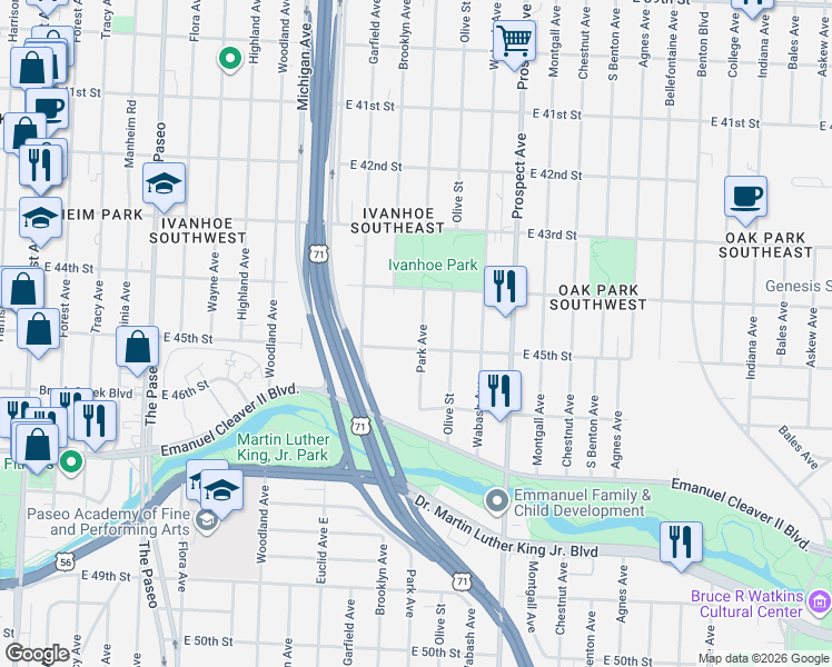 map of restaurants, bars, coffee shops, grocery stores, and more near 4434 Park Avenue in Kansas City