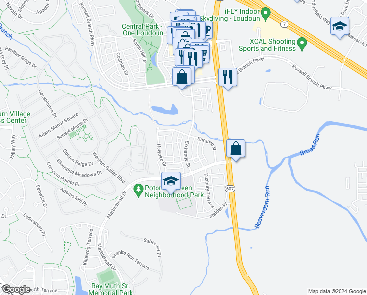 map of restaurants, bars, coffee shops, grocery stores, and more near 20629 Exchange Street in Ashburn