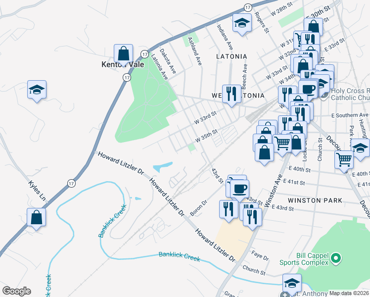 map of restaurants, bars, coffee shops, grocery stores, and more near 3501 Carlisle Avenue in Covington
