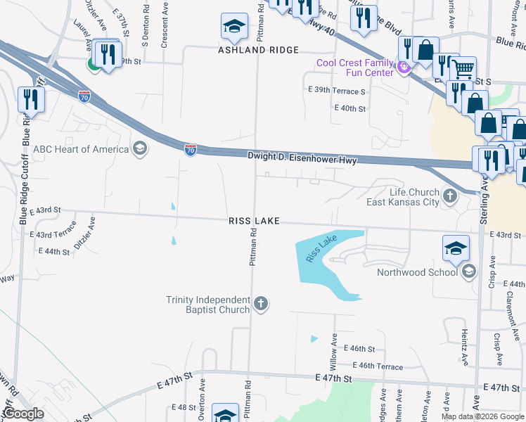 map of restaurants, bars, coffee shops, grocery stores, and more near 10002 East 43rd Street in Kansas City