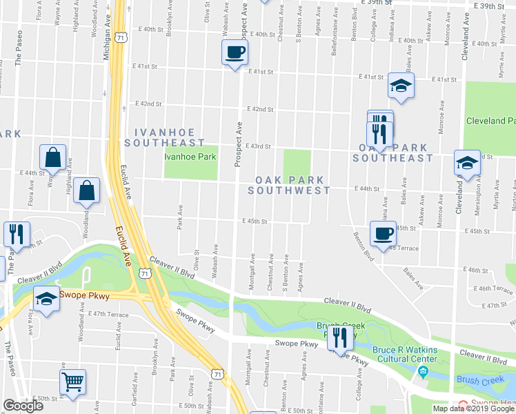 map of restaurants, bars, coffee shops, grocery stores, and more near 4429 Montgall Avenue in Kansas City