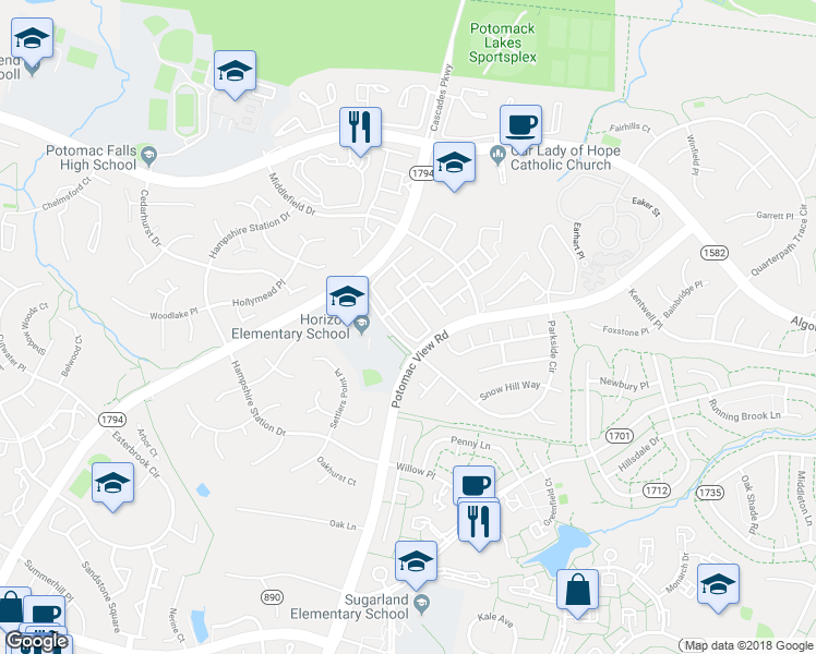map of restaurants, bars, coffee shops, grocery stores, and more near 20645 Glenmere Square in Sterling