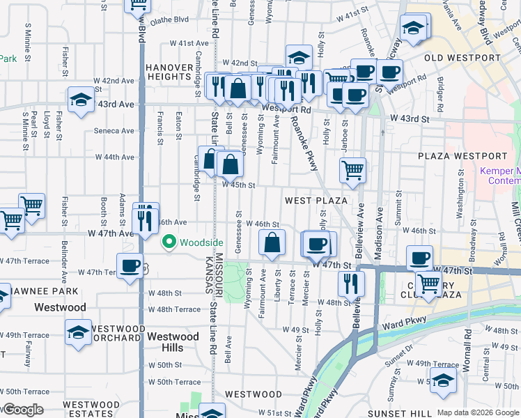 map of restaurants, bars, coffee shops, grocery stores, and more near 4543 Wyoming Street in Kansas City