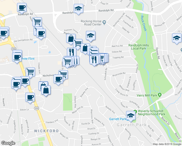 map of restaurants, bars, coffee shops, grocery stores, and more near 4980 Wyaconda Road in Rockville