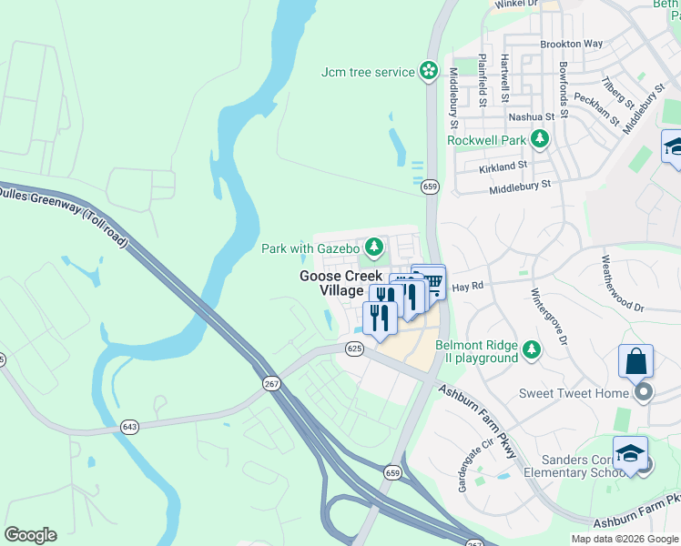 map of restaurants, bars, coffee shops, grocery stores, and more near 20592 Geddes Terrace in Ashburn