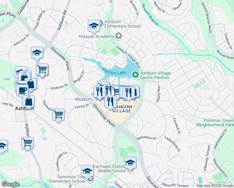 map of restaurants, bars, coffee shops, grocery stores, and more near Christiana Drive in Ashburn