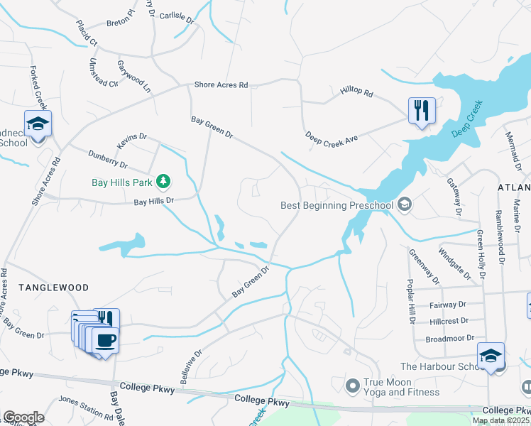 map of restaurants, bars, coffee shops, grocery stores, and more near 597 Oakland Hills Drive in Arnold