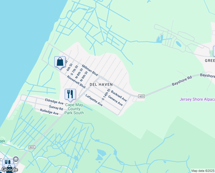 map of restaurants, bars, coffee shops, grocery stores, and more near 18 Bucknell Avenue in Cape May County