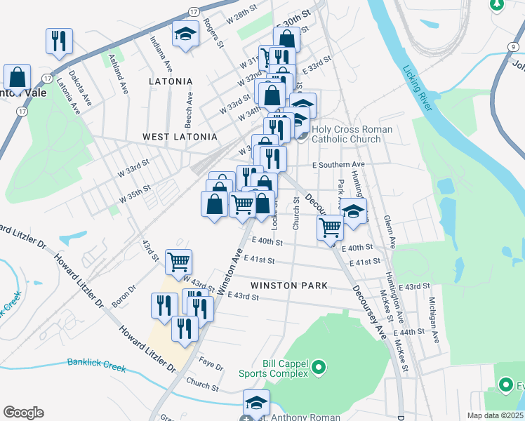 map of restaurants, bars, coffee shops, grocery stores, and more near 5 East 39th Street in Covington