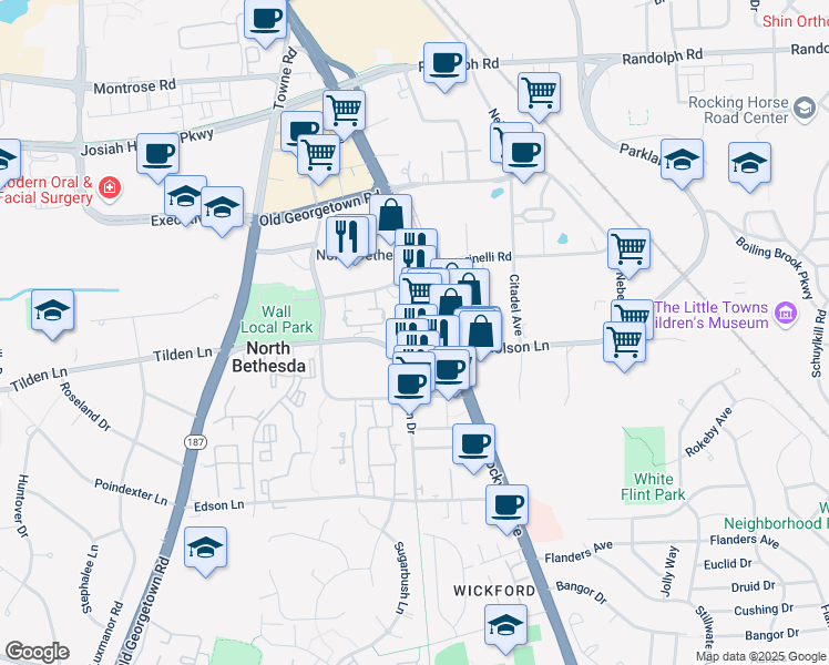 map of restaurants, bars, coffee shops, grocery stores, and more near 11510f Rockville Pike in Rockville