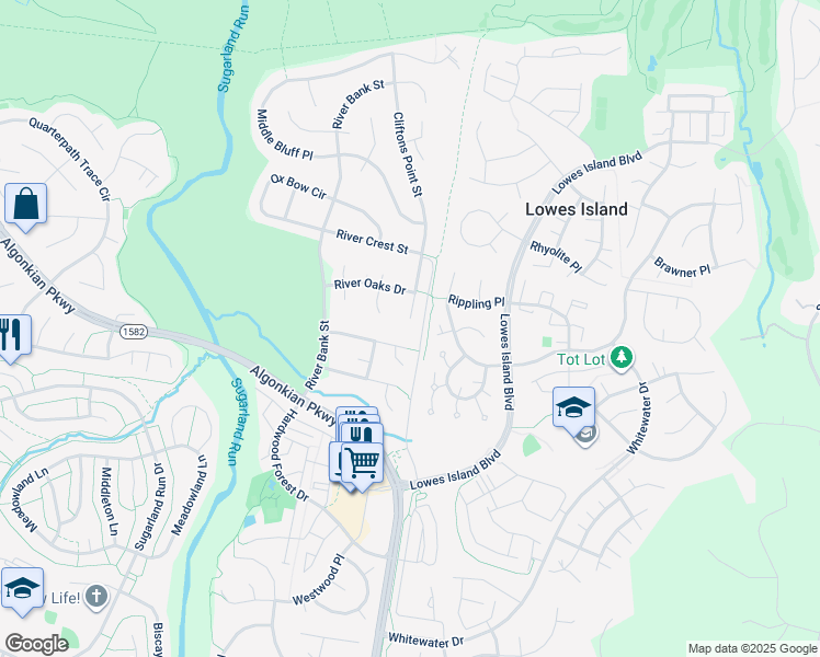map of restaurants, bars, coffee shops, grocery stores, and more near 20566 Meadow Island Place in Sterling