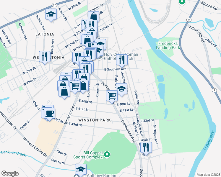 map of restaurants, bars, coffee shops, grocery stores, and more near 215 East 39th Street in Covington