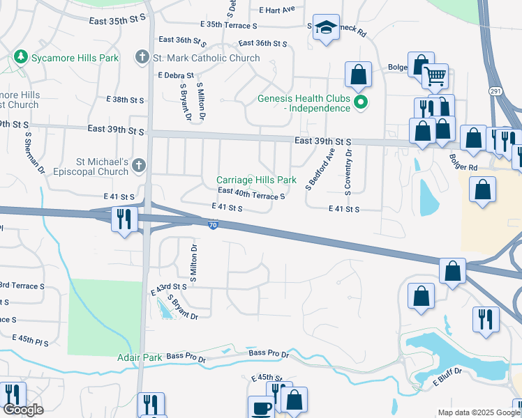 map of restaurants, bars, coffee shops, grocery stores, and more near 4016 South Marshall Drive in Independence