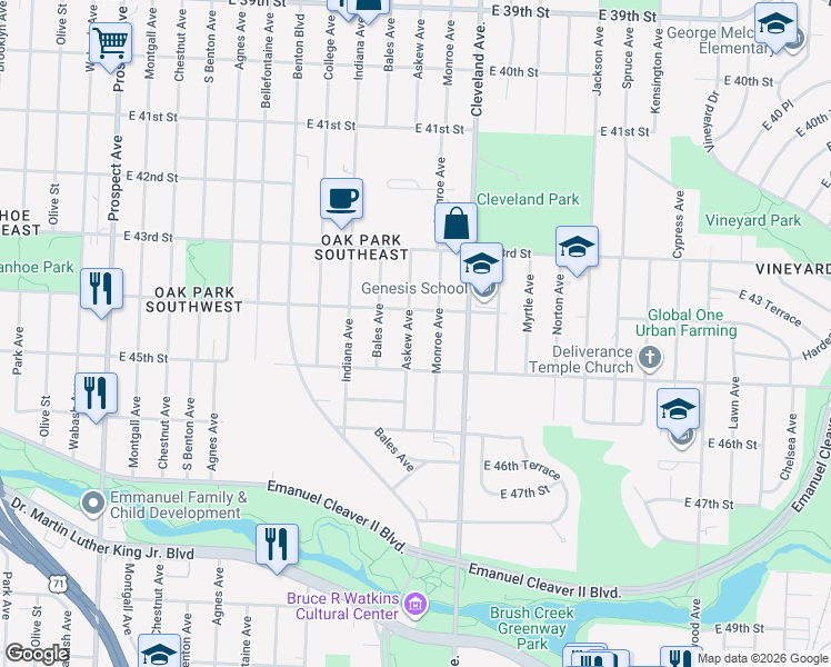 map of restaurants, bars, coffee shops, grocery stores, and more near 4426 Monroe Avenue in Kansas City