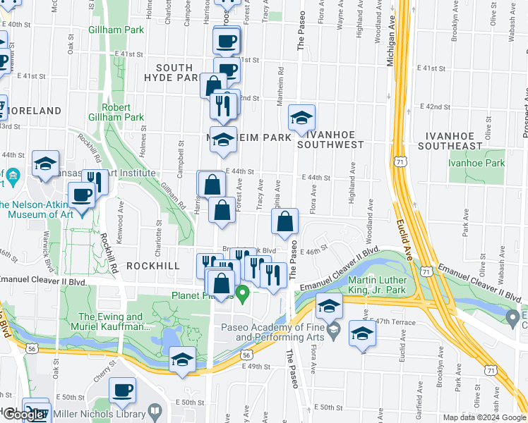 map of restaurants, bars, coffee shops, grocery stores, and more near 1215 East 45th Street in Kansas City