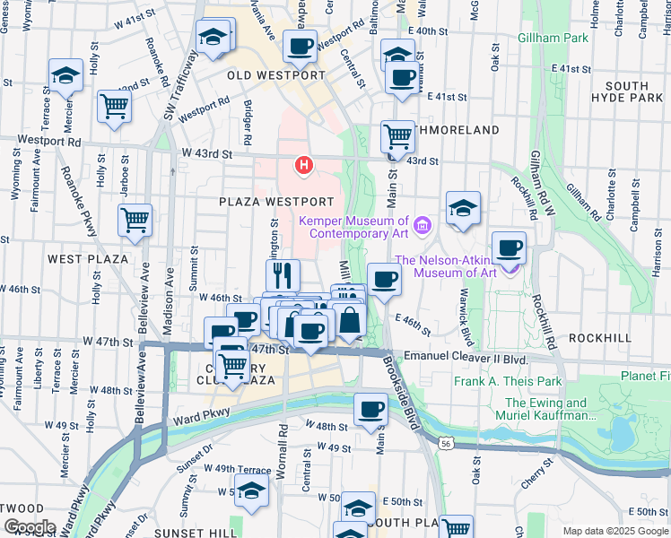 map of restaurants, bars, coffee shops, grocery stores, and more near 300 West 45th Terrace in Kansas City