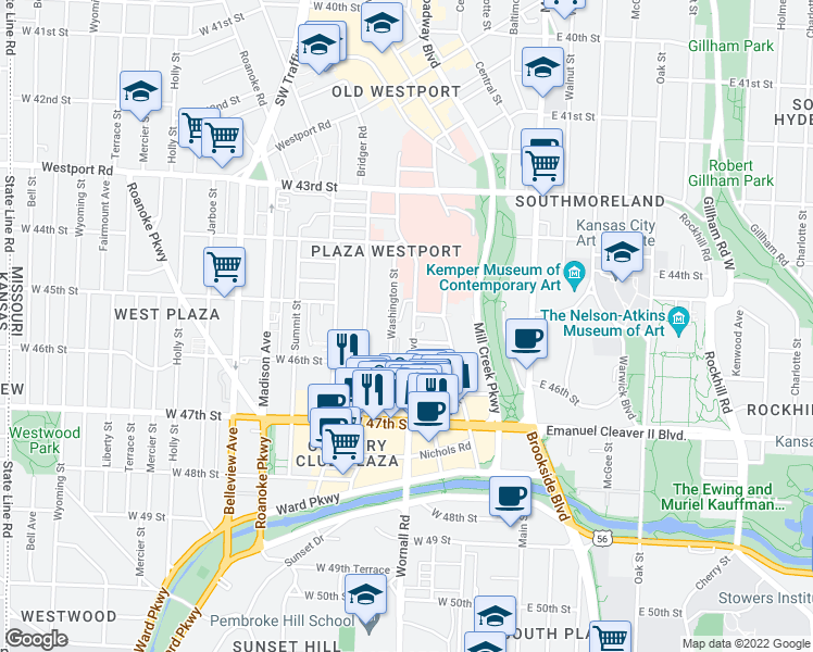 map of restaurants, bars, coffee shops, grocery stores, and more near 4516 Broadway Boulevard in Kansas City