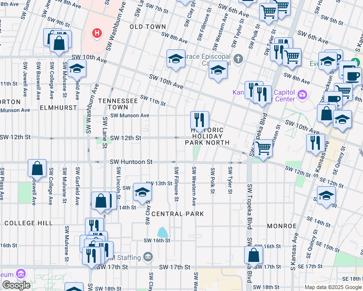 map of restaurants, bars, coffee shops, grocery stores, and more near 1221 Southwest Fillmore Street in Topeka