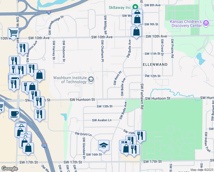 map of restaurants, bars, coffee shops, grocery stores, and more near 5435 Southwest 12th Terrace in Topeka