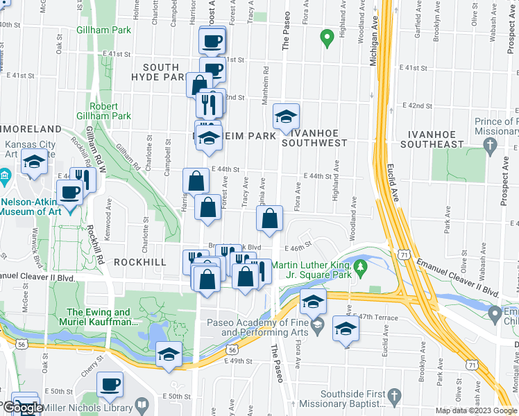 map of restaurants, bars, coffee shops, grocery stores, and more near 1316 East 45th Street in Kansas City