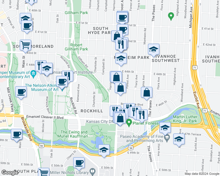 map of restaurants, bars, coffee shops, grocery stores, and more near E 45th St & Harrison St in Kansas City