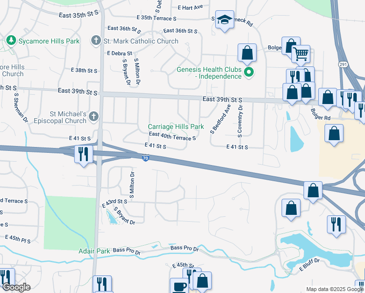 map of restaurants, bars, coffee shops, grocery stores, and more near 4016 South Marshall Drive in Independence