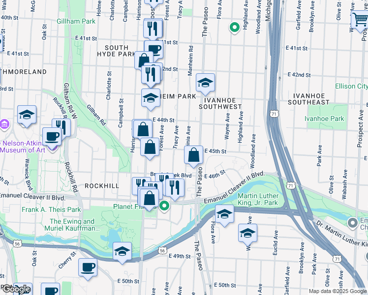 map of restaurants, bars, coffee shops, grocery stores, and more near 4450 Virginia Avenue in Kansas City