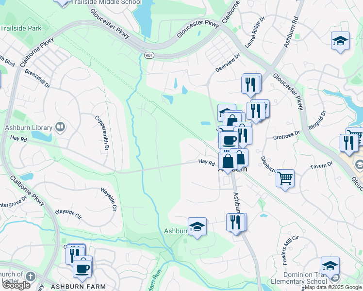 map of restaurants, bars, coffee shops, grocery stores, and more near 43637 Meadow Overlook Place in Ashburn