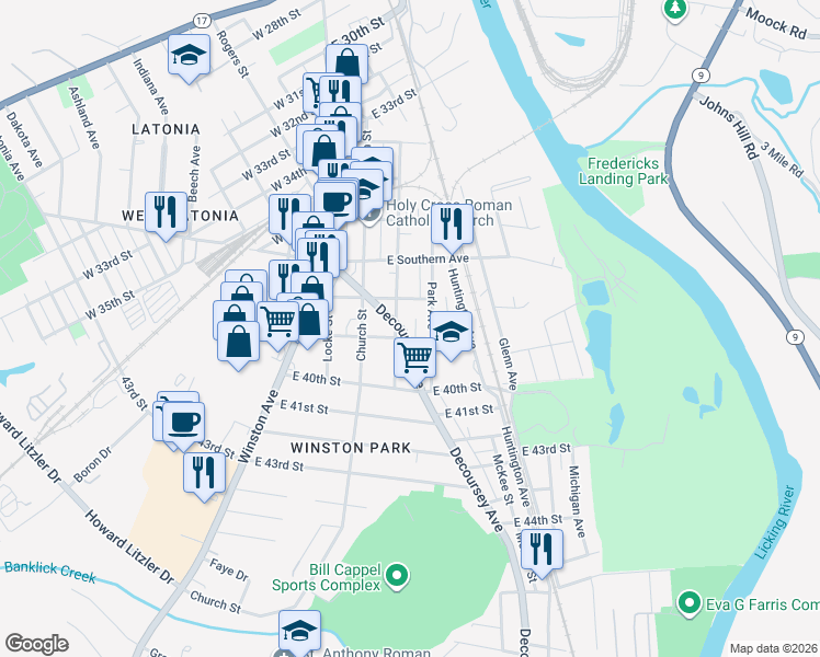 map of restaurants, bars, coffee shops, grocery stores, and more near 215 East 39th Street in Covington