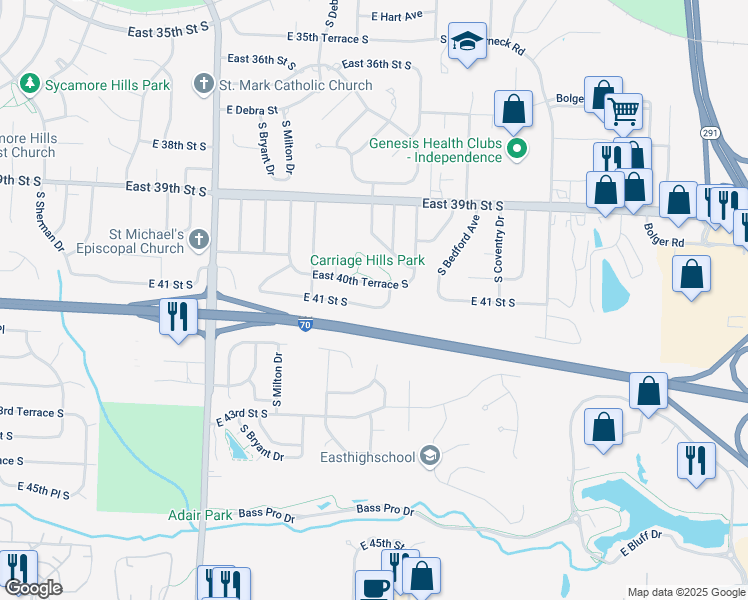 map of restaurants, bars, coffee shops, grocery stores, and more near 4016 South Marshall Drive in Independence